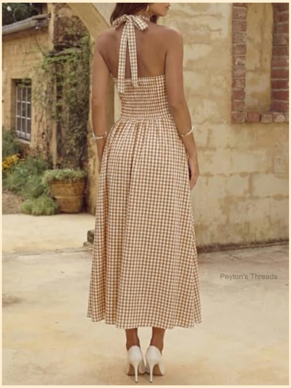 Halter V Neck Corset Maxi Dress Plaid Smocked Tie Back Backless Drop Waist - Picture 3 of 7